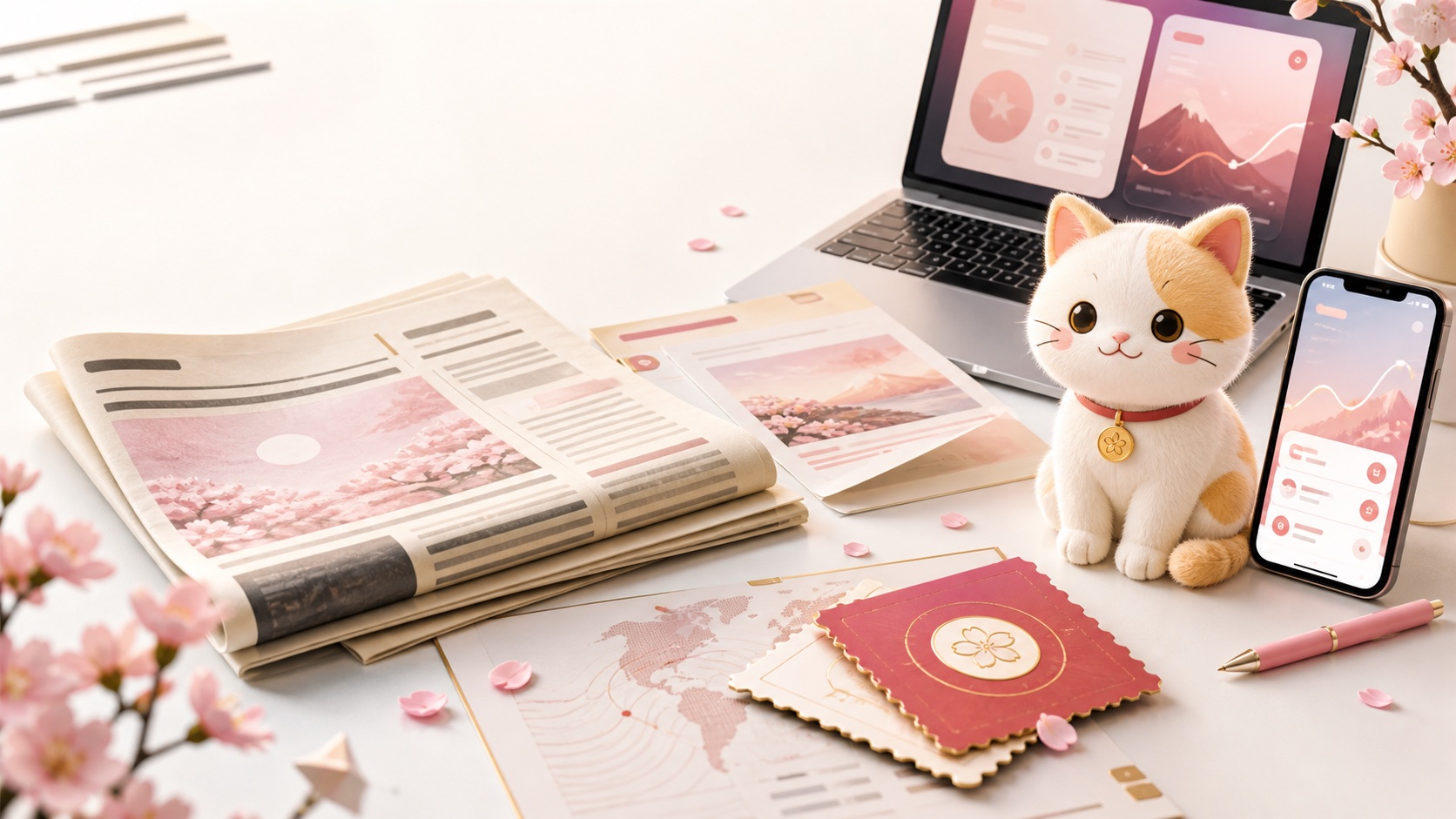 猫咪编辑台上的报纸、优惠券、手机和笔记本客户端场景